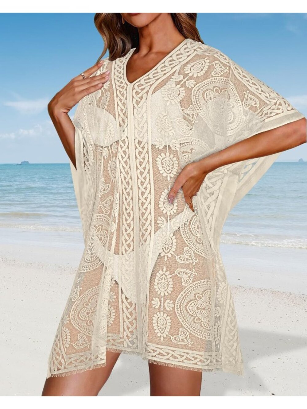 〽️Women's Beige V Neck Beach Loose Bikini Lace Bathing Suit Polyester Cover Up